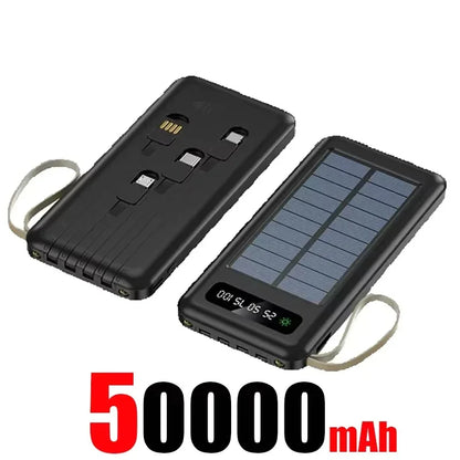 Solar Power Bank 500000mAh Fast Charging Powerbank High Capacity Portable Mobile Power Flashlight Built in 4 Cables Battery