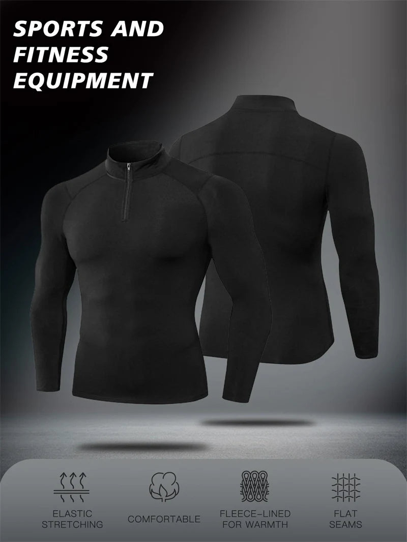 Zipper Thermal Compression Shirts for Men Winter Warm Fleece Lined Athletic Baselayer Tops for Ski Running Cycling Gym Workout