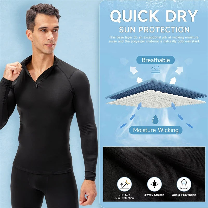 Zipper Thermal Compression Shirts for Men Winter Warm Fleece Lined Athletic Baselayer Tops for Ski Running Cycling Gym Workout