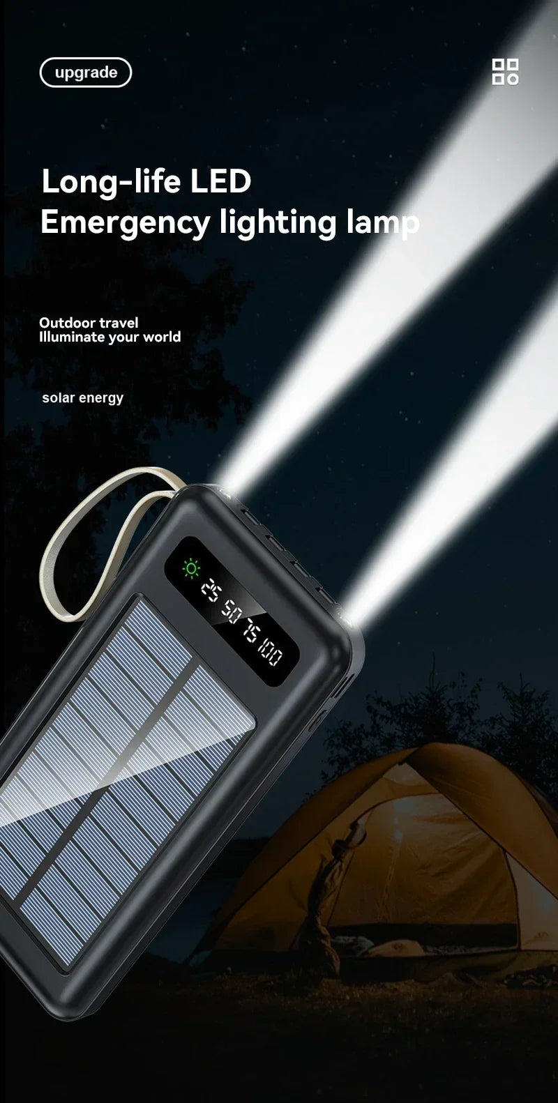 Solar Power Bank 500000mAh Fast Charging Powerbank High Capacity Portable Mobile Power Flashlight Built in 4 Cables Battery