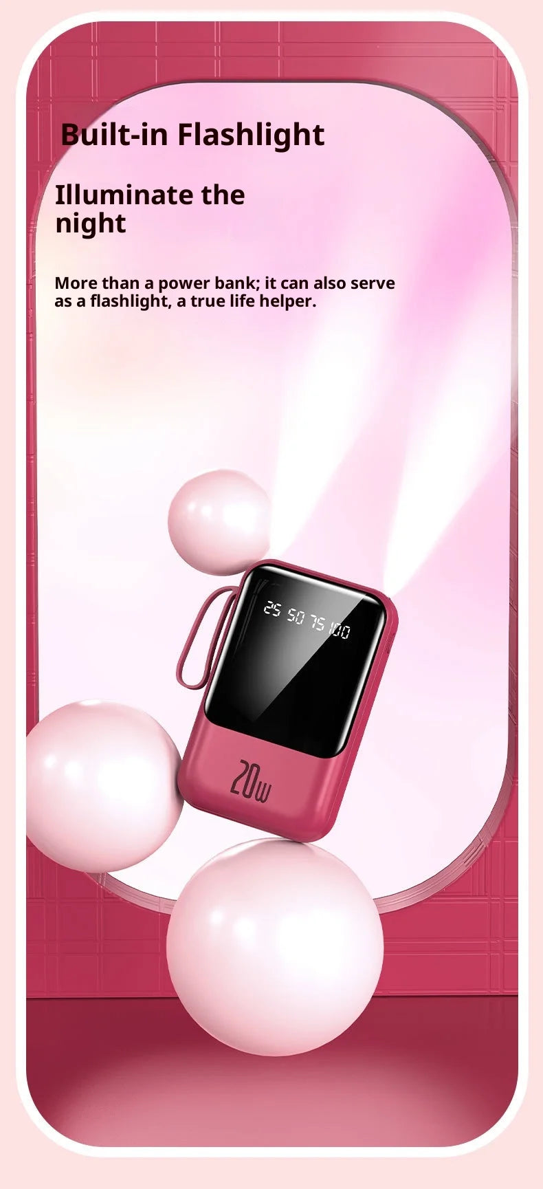 Large capacity 20000 mAh power bank with built-in charging cable and mobile power lithium polymer battery power bank