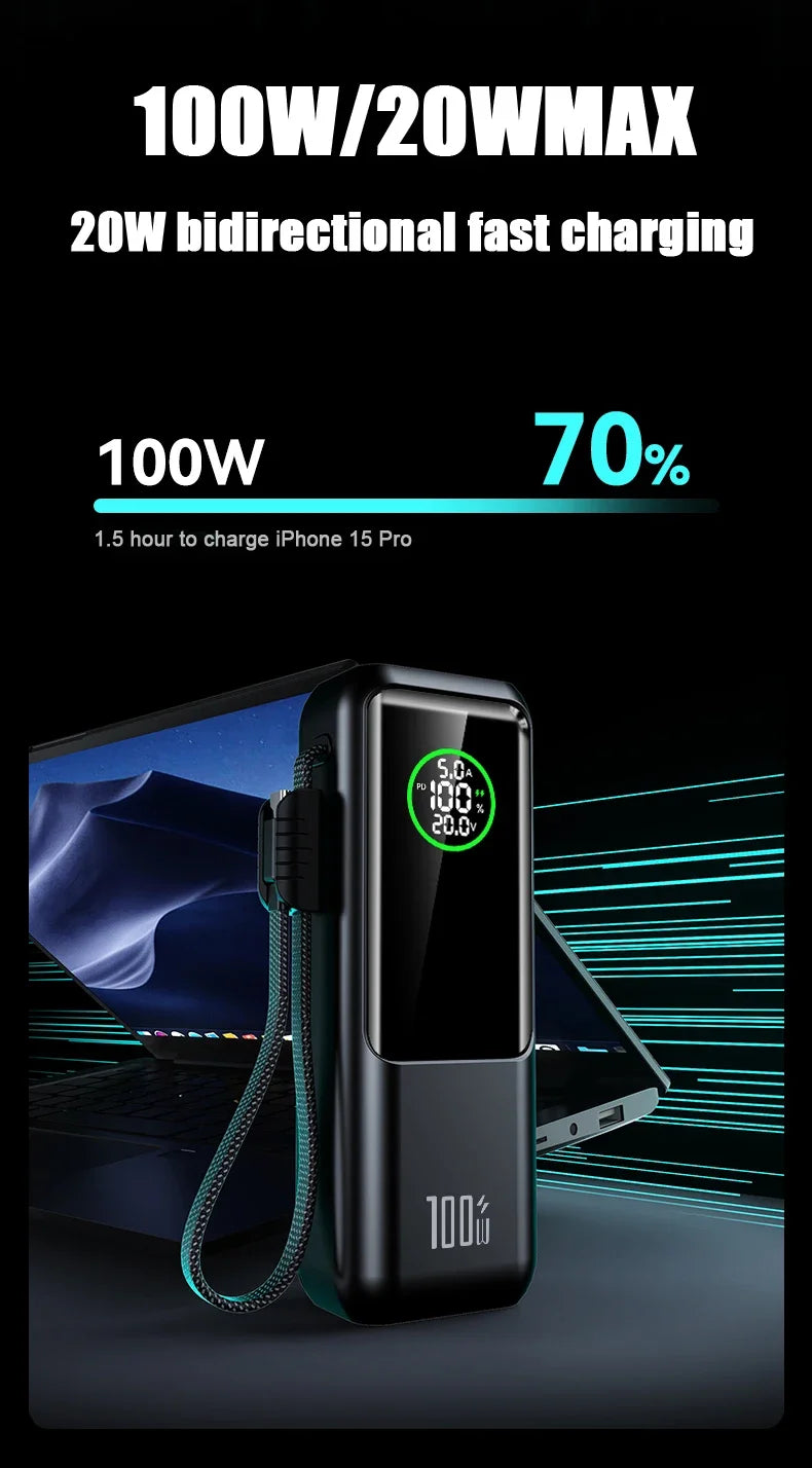 20000mAh Powerbank High Capacity 100W Fast Charging External Battery Built-in Cable Portable Power Bank for Laptop Tablet Phone