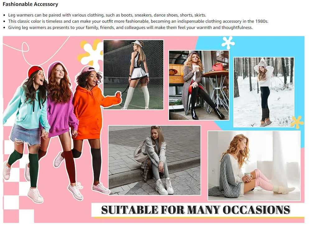 Heated Retro Fashion Knit Leg Warmers for Women - Party Dance Sports Yoga Running Hiking Warm-Up Knitted Leggings