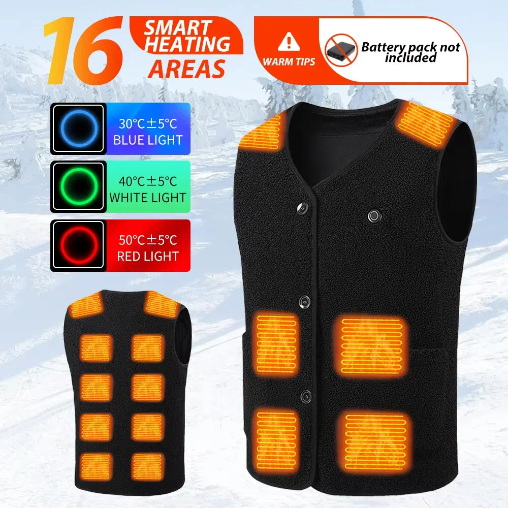 16 Areas Heated Vest Teddy Velvet V-neck for Men Women USB Electric Temperature Control Vest 3-speed Adjustable Heating Jacket