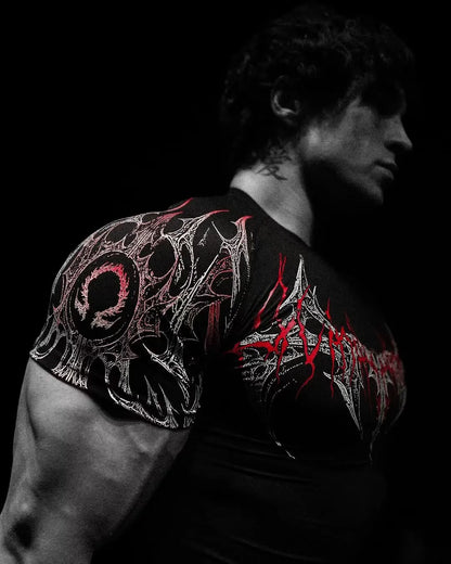 Compression T-shirt Gothic Metal Print  Men Women Punk Streetwear Short Sleeve Fitness Top Slim Fit Y2k Aesthetic Unisex Gym Tee
