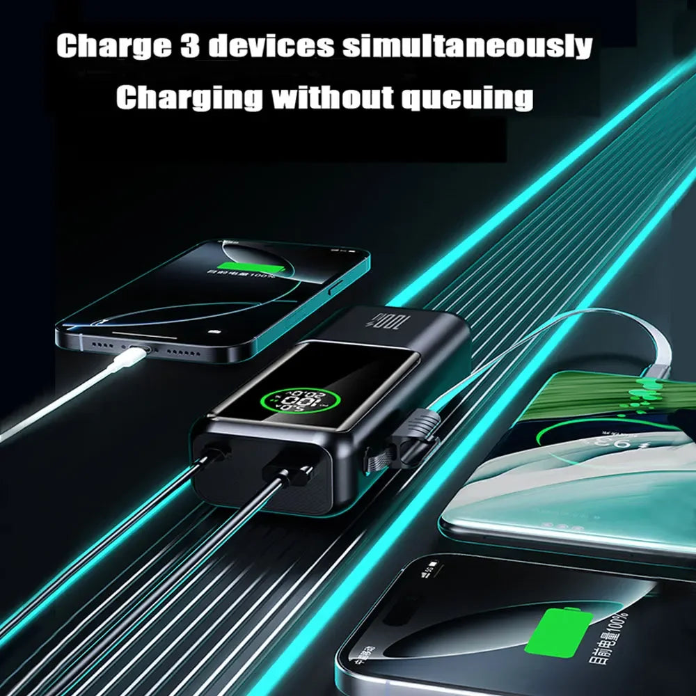 20000mAh Powerbank High Capacity 100W Fast Charging External Battery Built-in Cable Portable Power Bank for Laptop Tablet Phone