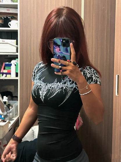 Compression T-shirt Gothic Metal Print  Men Women Punk Streetwear Short Sleeve Fitness Top Slim Fit Y2k Aesthetic Unisex Gym Tee