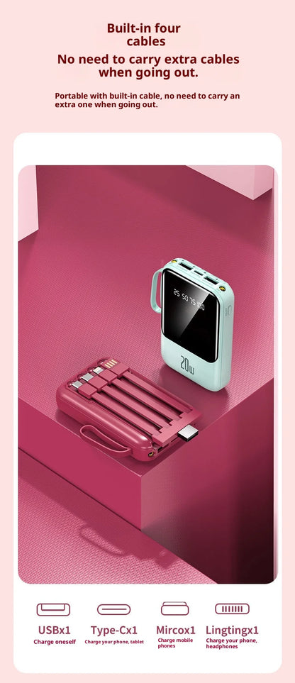 Large capacity 20000 mAh power bank with built-in charging cable and mobile power lithium polymer battery power bank