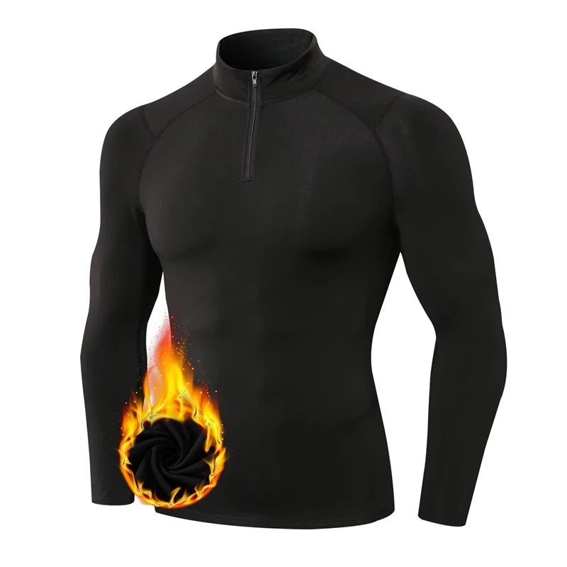 Zipper Thermal Compression Shirts for Men Winter Warm Fleece Lined Athletic Baselayer Tops for Ski Running Cycling Gym Workout