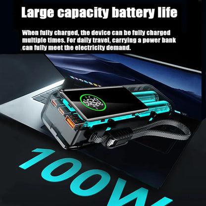 20000mAh Powerbank High Capacity 100W Fast Charging External Battery Built-in Cable Portable Power Bank for Laptop Tablet Phone