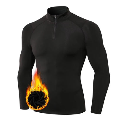 Zipper Thermal Compression Shirts for Men Winter Warm Fleece Lined Athletic Baselayer Tops for Ski Running Cycling Gym Workout