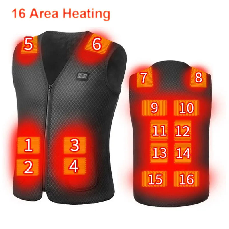 16 Areas Heated Vest USB Infrared Heating Vest Jacket Unisex Winter Electric Heated Vest Outdoor Sports Hiking Oversized M-4XL