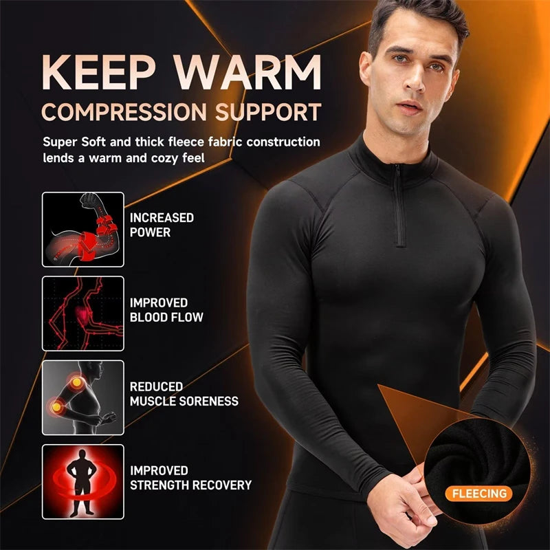 Zipper Thermal Compression Shirts for Men Winter Warm Fleece Lined Athletic Baselayer Tops for Ski Running Cycling Gym Workout