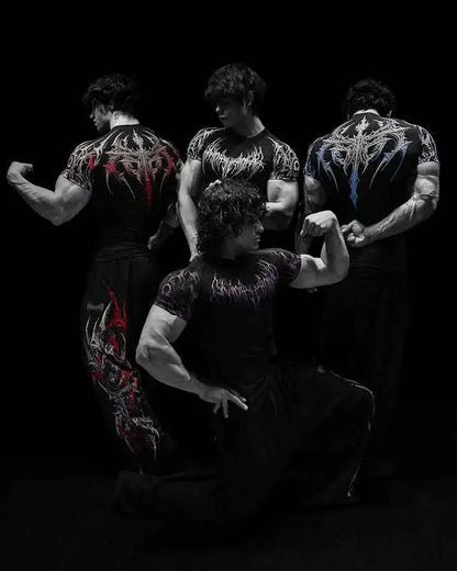 Compression T-shirt Gothic Metal Print  Men Women Punk Streetwear Short Sleeve Fitness Top Slim Fit Y2k Aesthetic Unisex Gym Tee