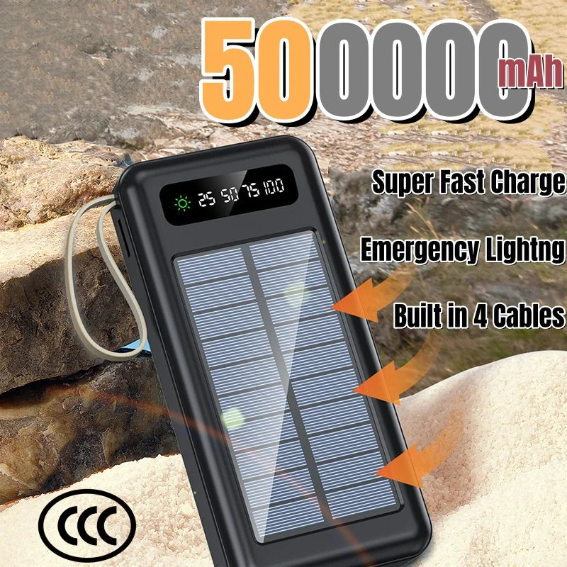 Solar Power Bank 500000mAh Fast Charging Powerbank High Capacity Portable Mobile Power Flashlight Built in 4 Cables Battery