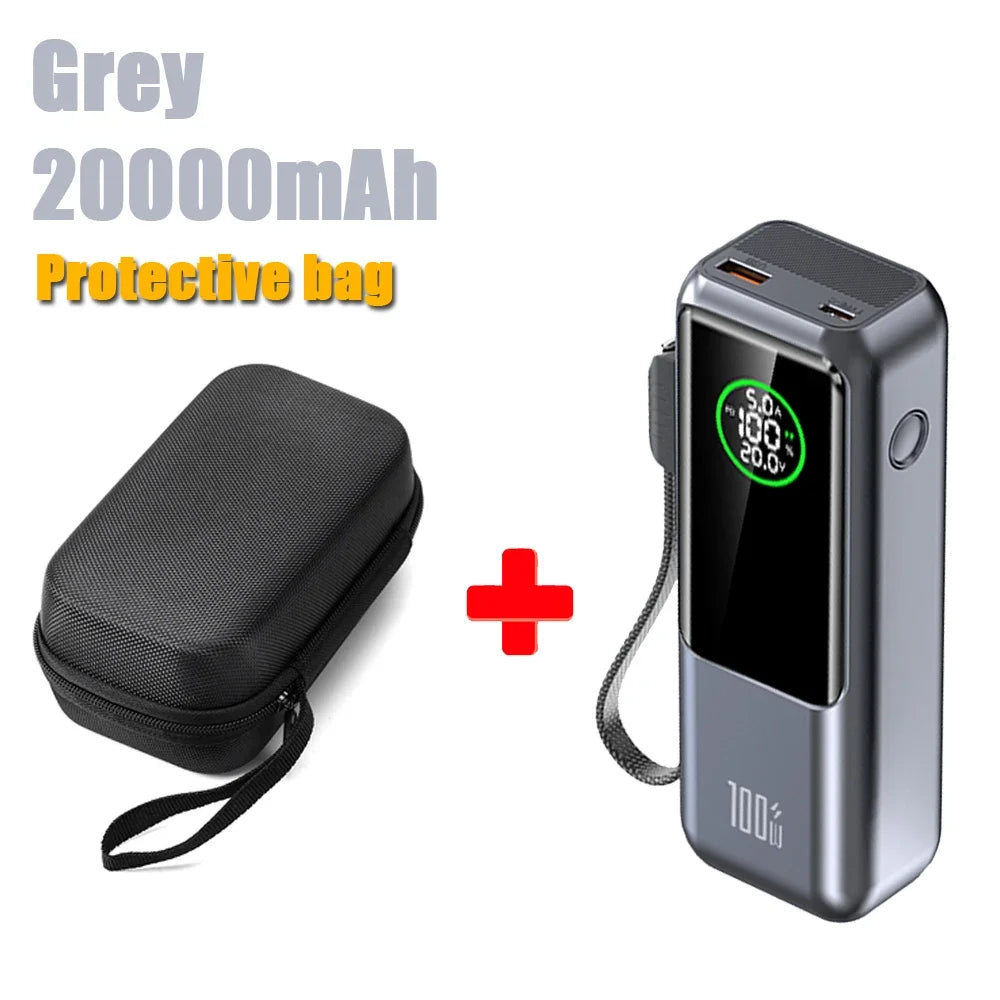 20000mAh Powerbank High Capacity 100W Fast Charging External Battery Built-in Cable Portable Power Bank for Laptop Tablet Phone