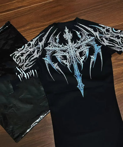 Compression T-shirt Gothic Metal Print  Men Women Punk Streetwear Short Sleeve Fitness Top Slim Fit Y2k Aesthetic Unisex Gym Tee