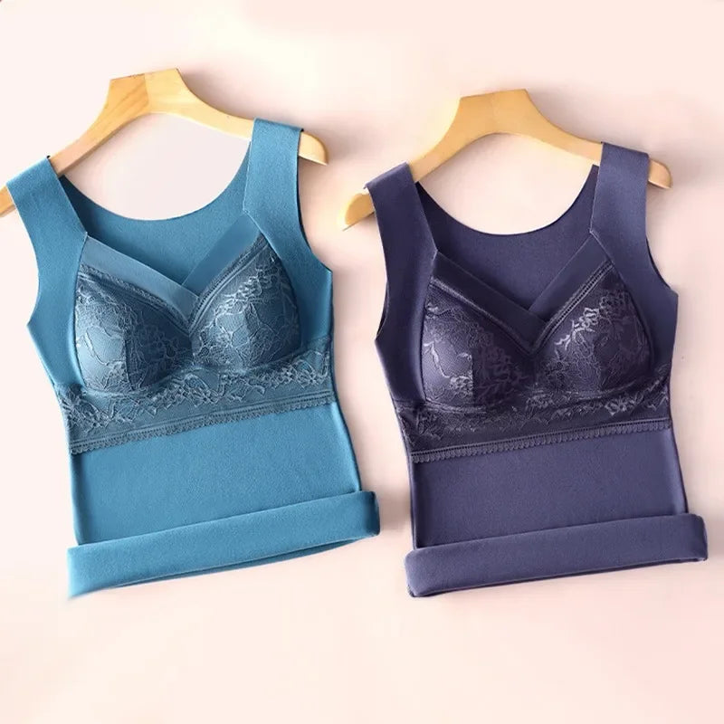 Thermal Tank Top for Women Cold Weather Warm Underwear Vest with buit-in Bra Lace Camisole Undershirt Tops Soft Under Clothes