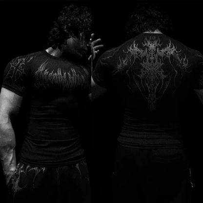 Compression T-shirt Gothic Metal Print  Men Women Punk Streetwear Short Sleeve Fitness Top Slim Fit Y2k Aesthetic Unisex Gym Tee