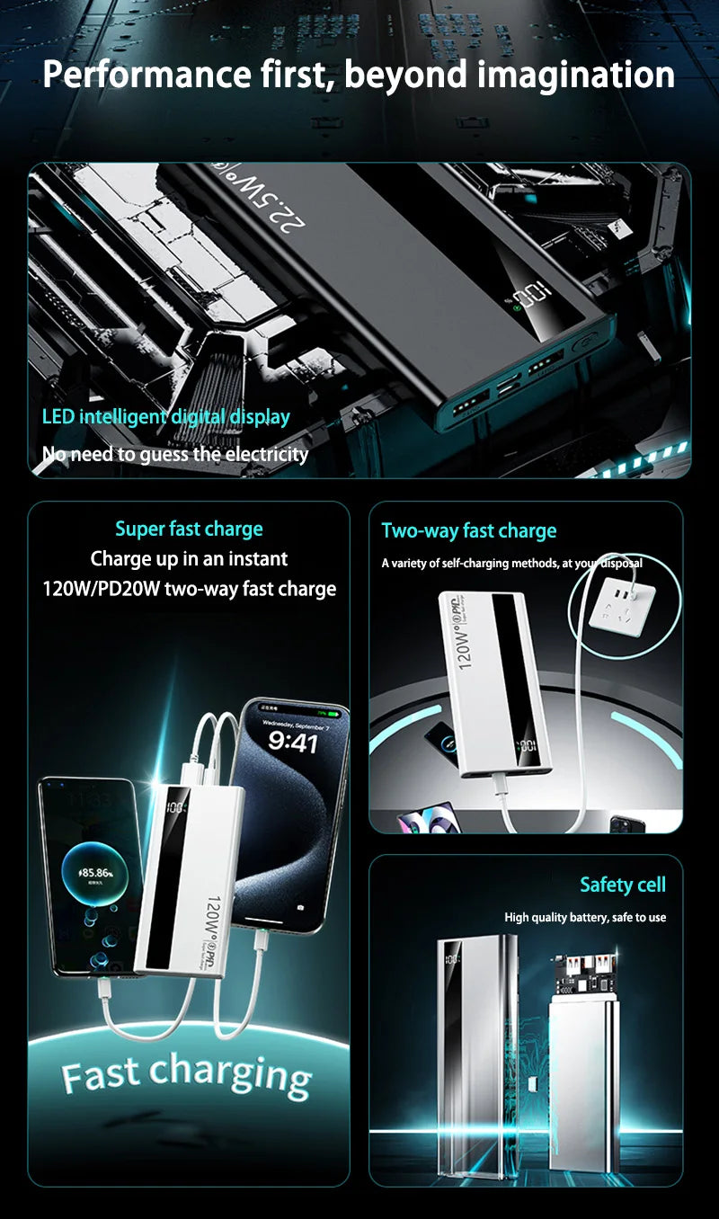 500000mAh High Capacity Power Bank 120W Super Fast Charging Portable External Battery Powerbank for iPhone Huawei