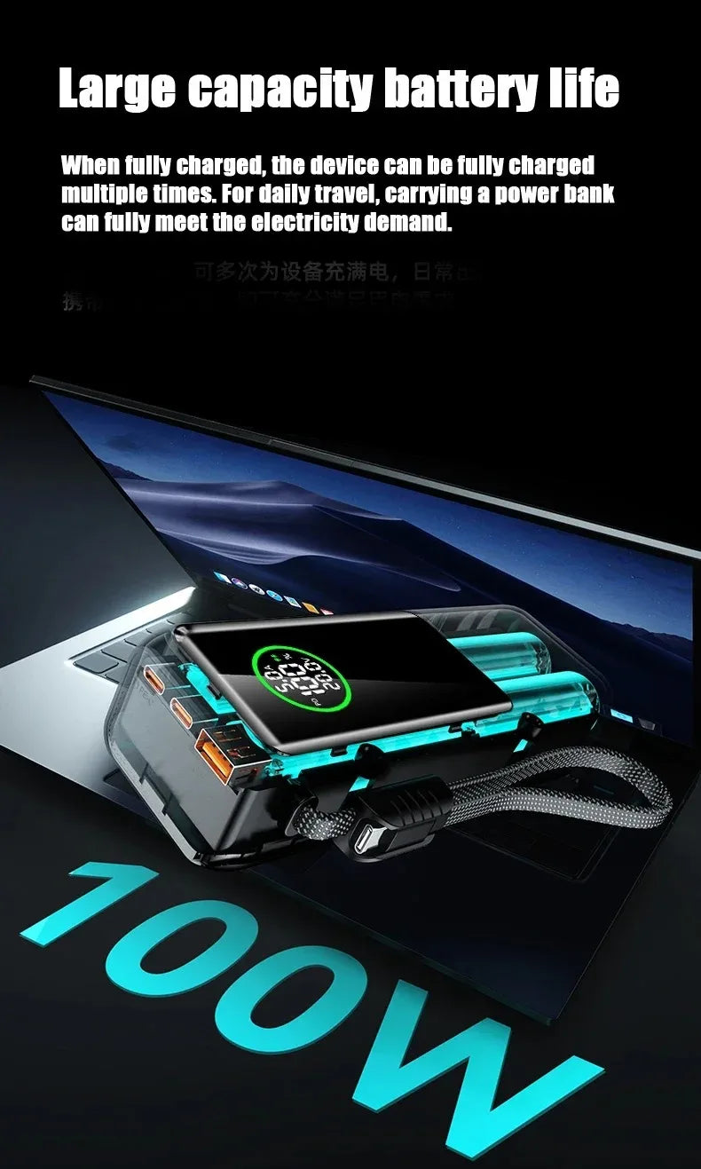 30000mAh Super Capacity Power Bank 100W Super Fast Charging Mobile Power Portable External Power For IOS Android Laptop Tablet