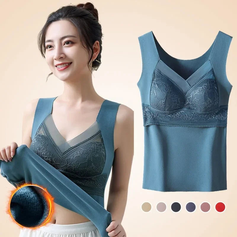 Thermal Tank Top for Women Cold Weather Warm Underwear Vest with buit-in Bra Lace Camisole Undershirt Tops Soft Under Clothes