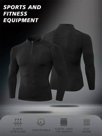 Zipper Thermal Compression Shirts for Men Winter Warm Fleece Lined Athletic Baselayer Tops for Ski Running Cycling Gym Workout