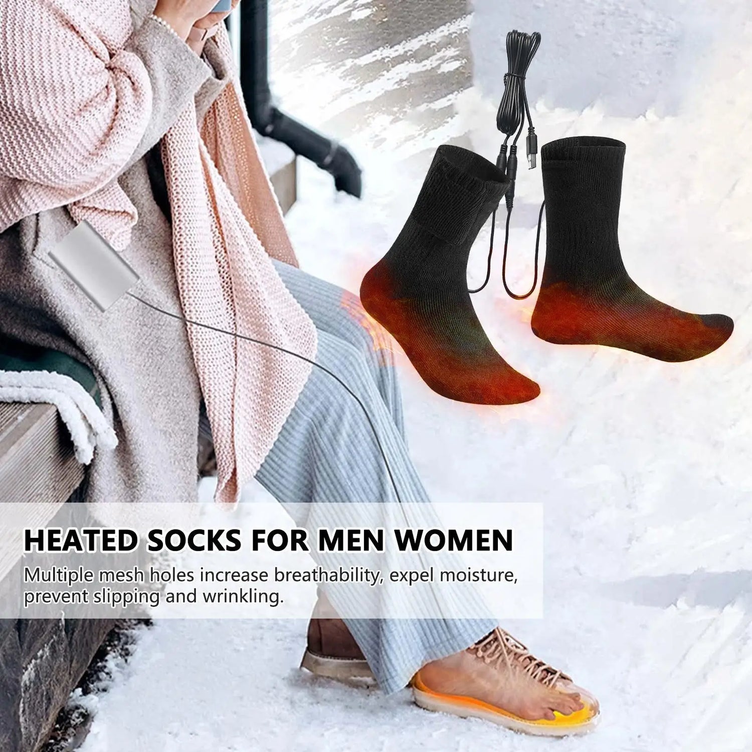 Breathable USB Heated Socks Electric Heated Socks Cold-Proof Quick Heating Long Foot Warmer Socks For Hiking Traveling Walking