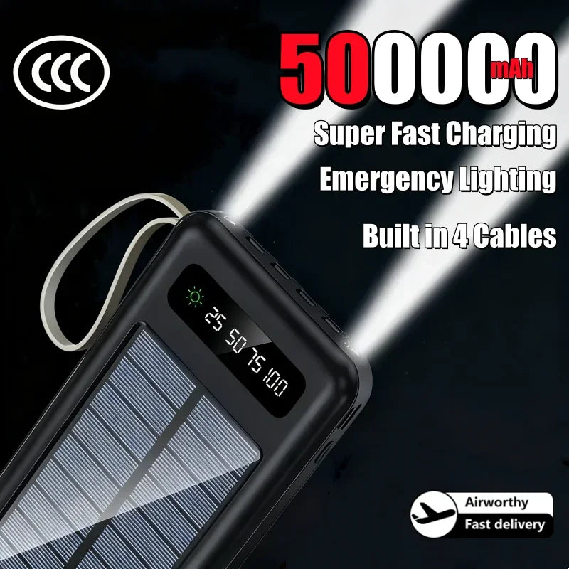 Solar Power Bank 500000mAh Fast Charging Powerbank High Capacity Portable Mobile Power Flashlight Built in 4 Cables Battery