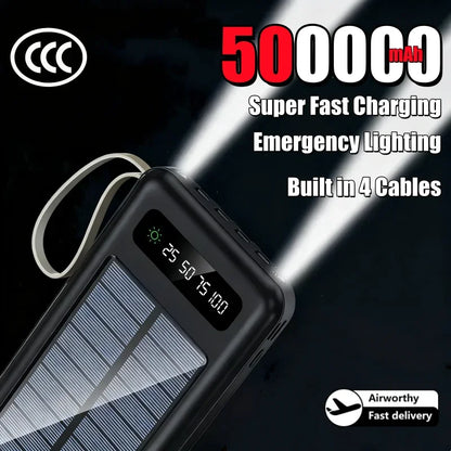 Solar Power Bank 500000mAh Fast Charging Powerbank High Capacity Portable Mobile Power Flashlight Built in 4 Cables Battery