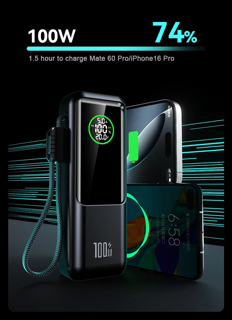 20000mAh Powerbank High Capacity 100W Fast Charging External Battery Built-in Cable Portable Power Bank for Laptop Tablet Phone