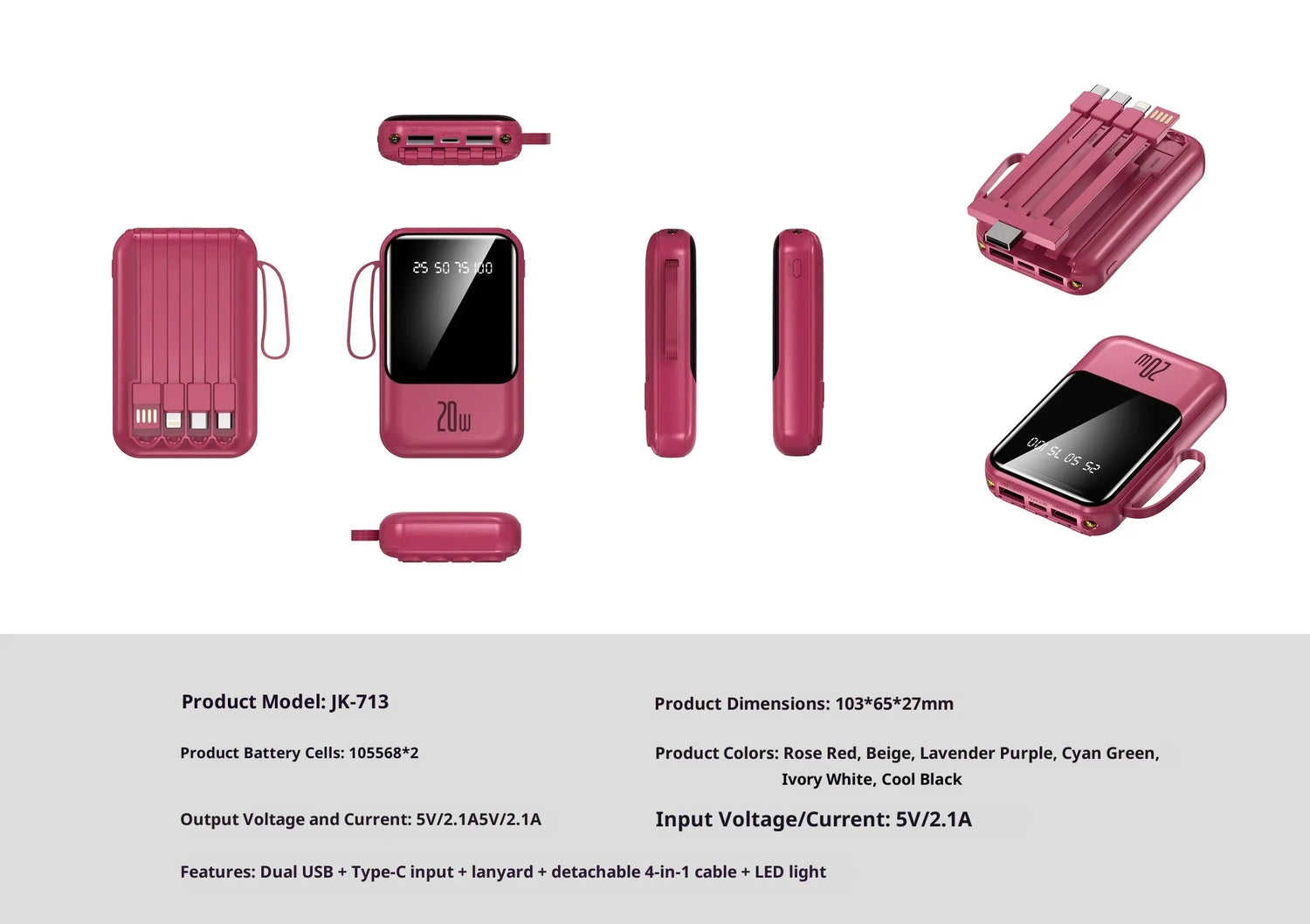 Large capacity 20000 mAh power bank with built-in charging cable and mobile power lithium polymer battery power bank