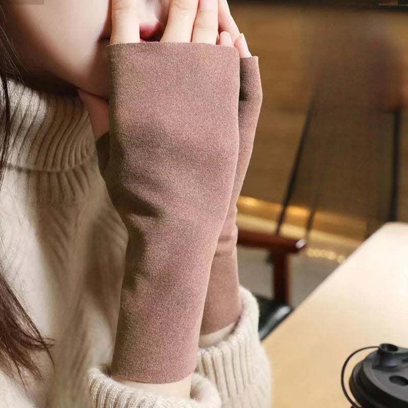 Thin Touchscreen Gloves Women Thermal German Velvet Half Finger Mittens Convertible for Warmth  Phone Use