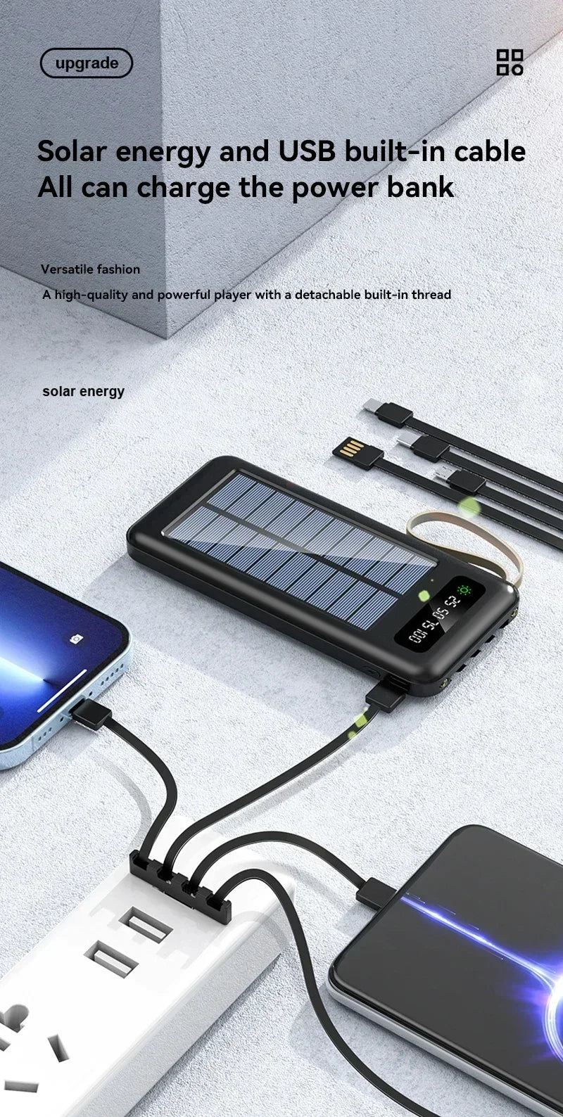 Solar Power Bank 500000mAh Fast Charging Powerbank High Capacity Portable Mobile Power Flashlight Built in 4 Cables Battery