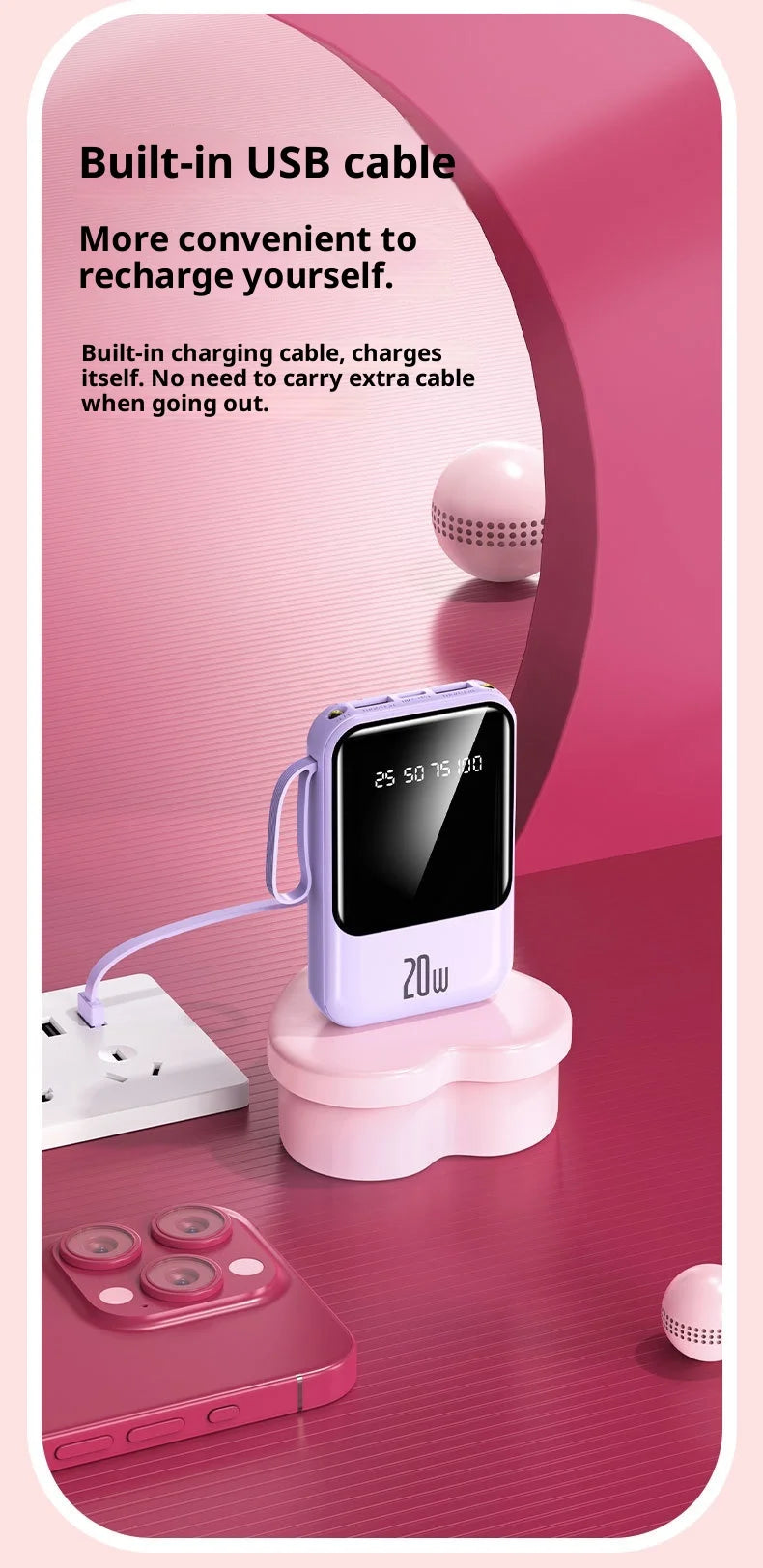 Large capacity 20000 mAh power bank with built-in charging cable and mobile power lithium polymer battery power bank