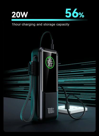 20000mAh Powerbank High Capacity 100W Fast Charging External Battery Built-in Cable Portable Power Bank for Laptop Tablet Phone